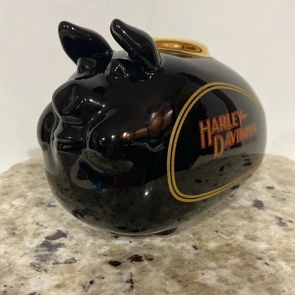 Vintage 2002 Harley Davidson High Shine Black Gold Road Hog Ceramic Piggy Bank - Picture 8 of 14